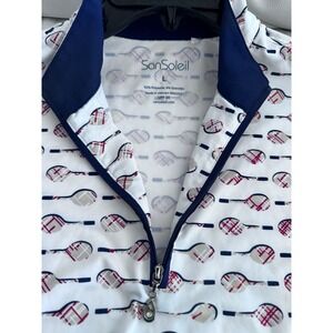 San Soleil Sunshirt Womens L Tennis Rackets 1/4 Zip White Mesh Sleeve UPF 50
